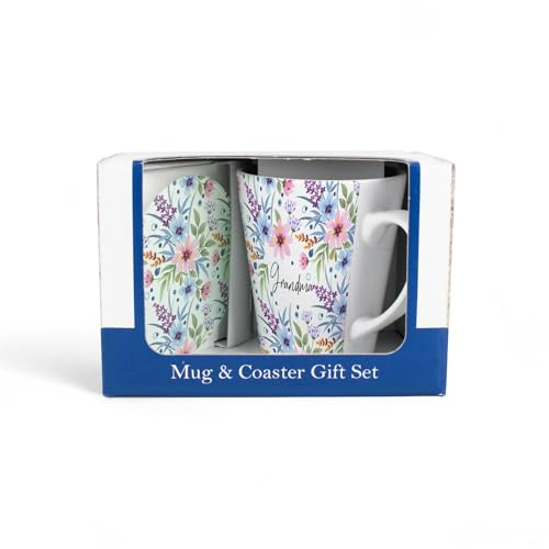Purely Home Mug & Coaster Gift Set for Grandma - Pastel Flowers Ceramic Latte Cup and Glass Coaster Set - Tea/Coffee Present for Mothers Day