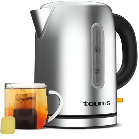 Taurus - Hervidor Eléctrico Selene Compact 2400W | 1L | Base Giratoria 360º | Resistencia Oculta | Recoge cables | Apertura Automática | Acero Inoxidable | Auto Off | BPA Free | Diseño ergonómico