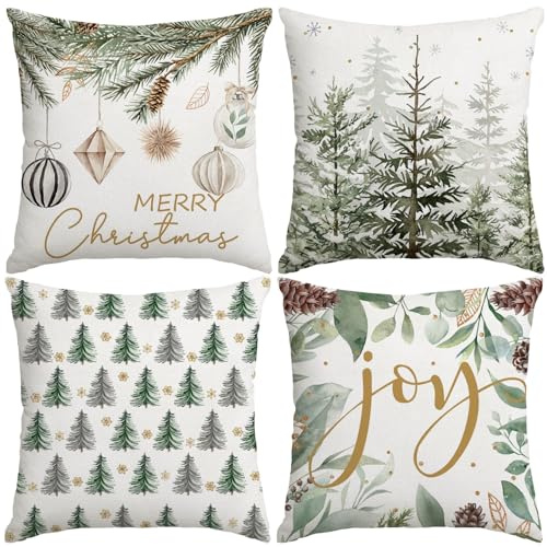 Miaikoe Frohe Weihnachtsbaum Kissen Abdeckungen Dekorationen, 50x50cm Set von 4 Weihnachtskugeln Freude Kissen Fall für Urlaub Winter Coach Sofa Wohnzimmer Dekor