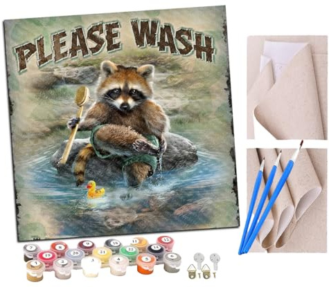 SENDJJ DIY Paint by Numbers Flame Cartoon Raccoon Taking a Bath with Paint Brushes and Acrylic Painting Kit 16x16 Inch for Kids and Adults Beginner Gifts