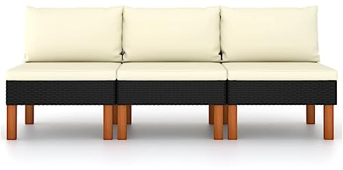 Runheo Mittelsofas 3er-Set, Poly Rattan Schwarz, Eukalyptus Massivholz, Modulares Gartensofa mit Cremeweißen Kissen, 60,5x64,5x67 cm, für Terrassen, Balkone und Outdoor-Bereiche