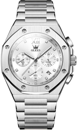 OLEVS Herrenuhr Silber Chronograph Luxus Schwarz Edelstahl Quarzuhr Herren