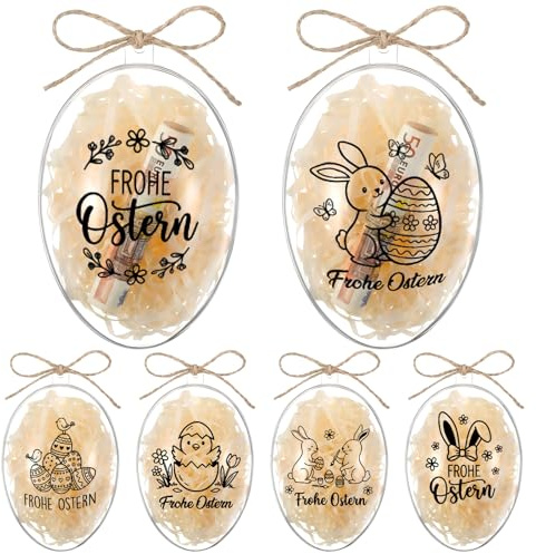 Hestya 6er-Set Ostern Geschenkverpackung Transparent Ostereier zum Befüllen | Plastik Ostereier mit Transferaufklebern, Juteseil und Raffia, Hängedekorationen zum Verpacken, von Geldgeschenken Geschenken