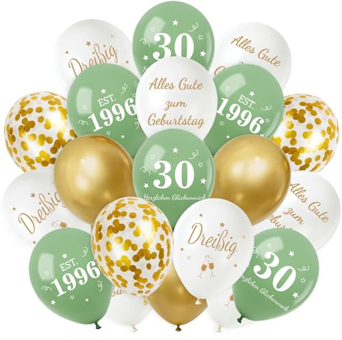 Smlper 30 Stück Luftballons Deko 30. Geburtstag,30er Deko Mann Frauen,Luftballons Salbeigrüne Gold, Happy Birthday Latex Ballons,Alles Gute zum Geburtstag Geburtstagsdeko, Konfetti Ballon Party