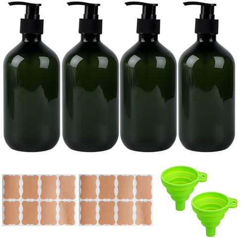 4 Pcs Pump Bottle Dispensers, 500ml Refillable Shampoo Conditioner Bottles | Empty Plastic Pump Bottles with 2 Funnels & 2 Labels(Brown, Green)
