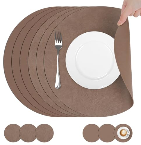 comfoyar Tischsets und Untersetzer Pu Leder Rund Dunkelbraun 6er Set | Doppelseitigen Abwaschbar und Wasserdicht Platzsets, Rutschfeste Platzdeckchen für Küche Esszimmer Dekoration, 33cm