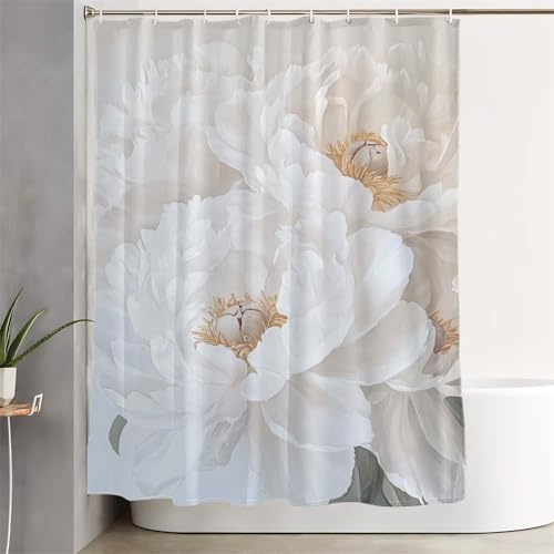 Rideau Douche Blanc Rideau de Douche 80x200 cm Fleur avec Ourlet Lesté et Crochets, Lavable - Imperméable - Anti Moisissure - Séchage Rapide Shower Curtain pour Salle de Bain et Baignoire 3Y-544