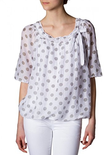 Caspar BLU001 Damen leichte Seiden Sommerbluse mit weißen Punkten, Farbe:grau/weiß