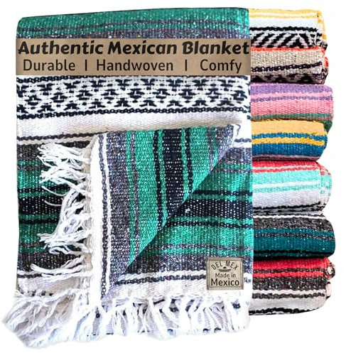 Del Mex Classic Mexican Blanket, Large Authentic Woven Falsa Throw (70x50), Artisan Southwest Décor for Beach, Yoga, Outdoors (Teal)