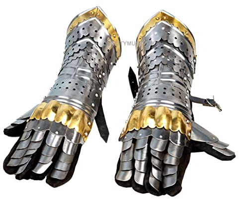 QUALITYMUSICSHOP Armor-Paar, Messing-Akzente, Stulpenhandschuhe, Mittelalter, Kreuzritt, Stahl