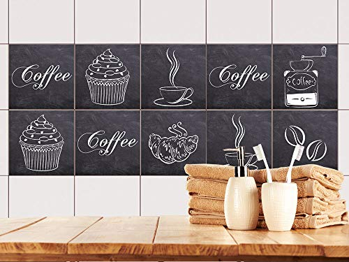 GRAZDesign Fliesenaufkleber Küche Kaffee Motive grau, Klebefolie Klebefliesen, alte Küchenfliesen überkleben, selbstklebend - Set 10 Stück