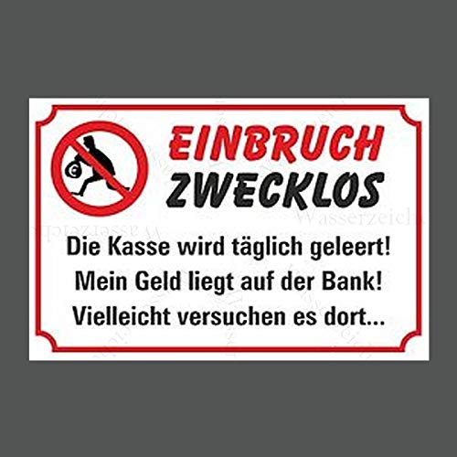 20cm! Aufkleber-Folie Wetterfest Made IN Germany Vorsicht Einbruch zwecklos kein Bargeld Geld Bank versuch es dort S900 UV&Waschanlagenfest-Auto-Sticker Decal Profi Qualität