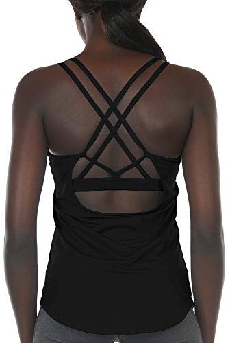 icyzone Damen Sport Yoga Tank Top mit Integriertem BH - 2 in 1 Sport Oberteile Fitness Gym Shirts (S, Schwarz)