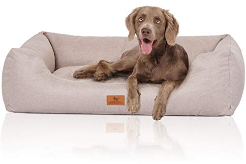 Knuffelwuff Hundebett Emma aus Velours mit feinem Handwebcharakter in Pastellfarben XXL 120 x 85cm Beige - Abnehmbarer Bezug - leicht zu reinigen - für große, mittelgroße und kleine Hunde