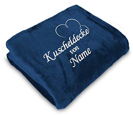 Direkt-Stick.de Kuscheldecke Bestickt mit Namen, 150 x 200 cm, Wohndecke Personalisieren mit Stickerei, Decke selbst gestalten, Romantisches Namensgeschenk mit Herz (dunkelblau)