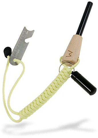 WIKA Feuerstahl, Feuerstarter mit wasserdichter Zunderdose aus Aluminium, Holzgriff und fluoreszierendem Paracordband, spezielle Magnesiumlegierung für maximale Effektivität, Funktion auch bei Nässe