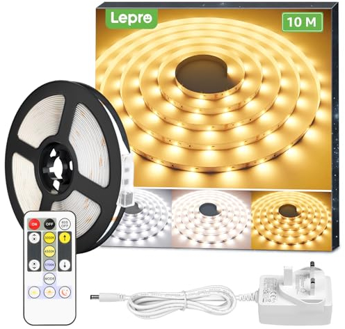 Lepro 10M LED Strip Lights with Remote and Plug, Warm White to Cool Daylight, Whiteness and Brightness Adjustable, Stick-on LED Tape for Mirror, Bed, Stair, Cabinet and More