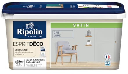 RIPOLIN - Peinture Intérieure Multi-Supports – Murs, Boiseries & Radiateurs – Ultra-Couvrante – Lessivable – Application Facile – Ecolabel - Satin - 2,5L - Gris Lome