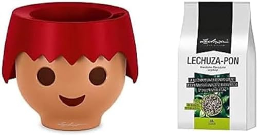 Lechuza OJO & Terreau Pot de Fleurs d'Intérieur Playmobil – Ojo – Réserve d’Eau Intégrée – Coloris Rouge Feu – Ø 21 x 16 cm & Terreau Mineral Neutre 3 litres