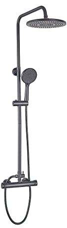 Plumbsys Conjunto de ducha Termostática,Ducha negra,Juego de ducha tipo lluvia redondo de 9.5, Teleducha con 3 tipos de chorros, manguera de 1,5 m, válvula termostática Anti-escaldado