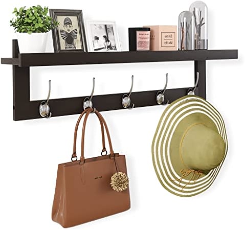 SMIBUY Kleiderhaken mit Ablage Wandmontage, 74 cm Eingangsbereich Garderobe für Wand, Hängeregal aus Bambus mit 5 Doppel-Metallhaken für Badezimmer, Schlafzimmer, Küche (Dunkelbraun)
