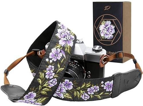Padwa Lifestyle Kameragurt - 2“ Rindsleder Kopf Kameragurt für Fotografen, Vintage Jacquard Stickerei gewebt Baumwolle verstellbare Schulter Nackenriemen für Kameras, Ferngläser - Lila Blumen