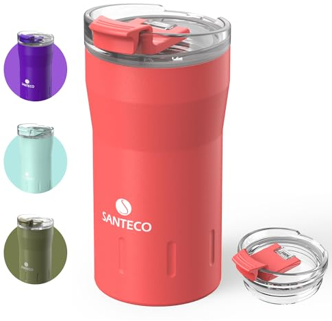 SANTECO Travel Coffee Mug 12 oz, Insulated Coffee Cups with Flip Lid, Stainless Steel Coffee Mugs Spill Proof, Double Wall Vacuum Tumbler, Reusable to Go Mug for Hot/Ice Coffee Tea, Red