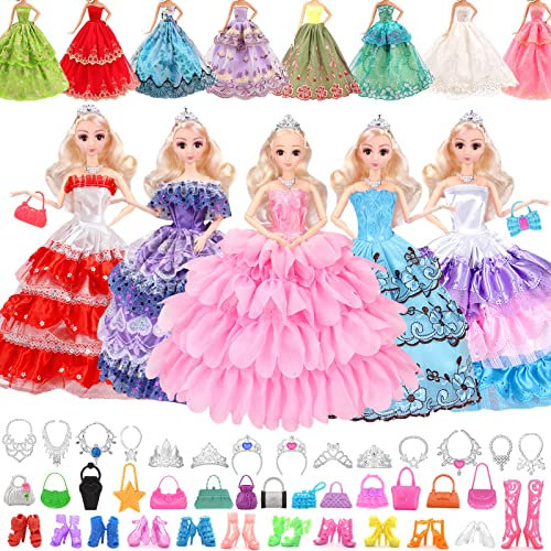 48 Pcs Doll Clothes Outfit for Barbie Doll, 11.5 Inch Doll Accessories Collection with 6 Princess Dresses+20 Shoes+10 Bags+6 Necklaces+6 Crowns (Random Style) for Barbie Loving Girls Birthday Gifts