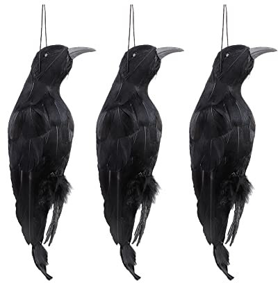 JYCRA Lot de 3 corbeaux artificiels à suspendre, 32,6 cm, corbeaux à plumes noires, grand corbeau à plumes noires grandeur nature pour effrayer les corbeaux, décorations d'Halloween, accessoires