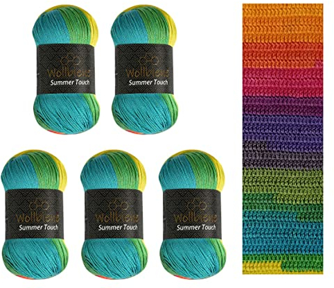 Wollbiene Summer Touch Batik 5 x 100 Gramm Wolle Mehrfarbig mit Farbverlauf, 500 Gramm merzerisierte Strickwolle Microfiber-Acryl (504 regenbogen)