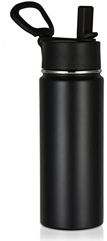 Volhoply 530ml/18oz Kids Insulated Water Bottle, Stainless Steel Water Bottles with Straw Lid, Wide Mouth Double Wall Vacuum Sports Travel Flask for Cold Drink (Black,1 Pack)