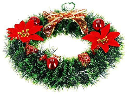SPRINGOS Weihnachtskranz 35 cm Dekokranz Dekorativer Türkranz aus Kunststoff mit Poinsettie und Weihnachtskugeln
