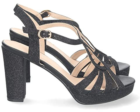 shoes&blues.es 69376-Sandalia de Tacon para Mujer, Comoda, con Pala en T, Estampado Brillante, y Cierre de Hebilla, Otono Invierno 2022. Talla 37 Negro