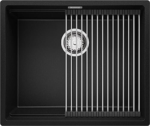 PRIMAGRAN Fregadero Cocina Negro 56x47cm, Granito 1 Seno + Sifón + Enrollable Escurridor, Sobre encimera al mueble 60cm - Prague Slim