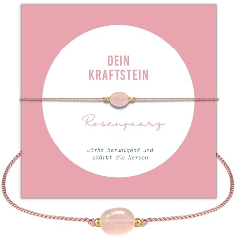 happymaker - Rosenquarz Armband Damen, handgemacht in Deutschland, Edelstein Armband rosa mit vergoldeten Perlen, Geschenkverpackung als Kraftgeber Geschenk für Frauen und Mädchen