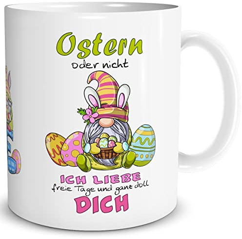 TRIOSK Tasse Zwerg Frohe Ostern Oder Nicht Ostergeschenke mit Oster Spruch lustig Ich liebe dich Geschenk für Männer Frauen verliebte Paare, Keramik 300ml