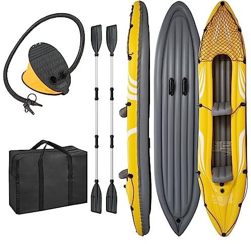 GYMAX Inflatable Kayak Set, 2-Person Inflatable Boat with Aluminum Oars, Fins, Foot Pump, Carry Bag and Independent Air Valves, Blow Up Canoe for Lakes, Rivers & White Water