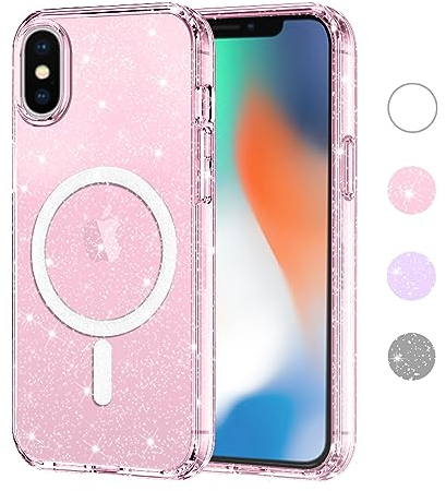 Yoedge Trasparente Glitter Cover Magnetica per Apple iPhone X/XS 5,8,Custodia Bling Brilla Compatibile con MagSafe Magnetico Ricarica Wireless, Bumper TPU Hard PC Rosa Case Antiurto per iPhoneX/XS