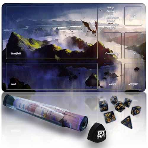 Extalas MTG Playmat TCG Playmat - Inklusive Aufbewahrungsröhre und 7 Würfel-Erlebnis-Qualität und Kantenverriegelung, wasserdichte und rutschfeste Matte! (Spielmatte mit Zonen, 2 fliegende Drachen)