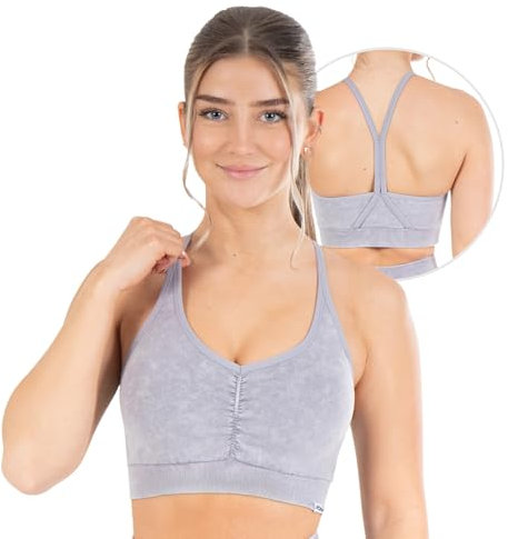 SMILODOX Sport BH Damen - Batik Acid Scrunch Sport Bra - Blickdicht rutschfest Crop Top - Schöner Rückenausschnitt - Atmungsaktive Tank Top für Yoga Fitness Gym, Größe:XL, Color:Grau