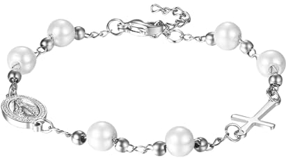 Flongo Rosenkranz Armband silber mit Kreuz Anhänger Benedikt Medaille Edelstahl Christlich Auto Arm Kette weiß Perlen Rosary Bracelet Geschenk für Damen Herren