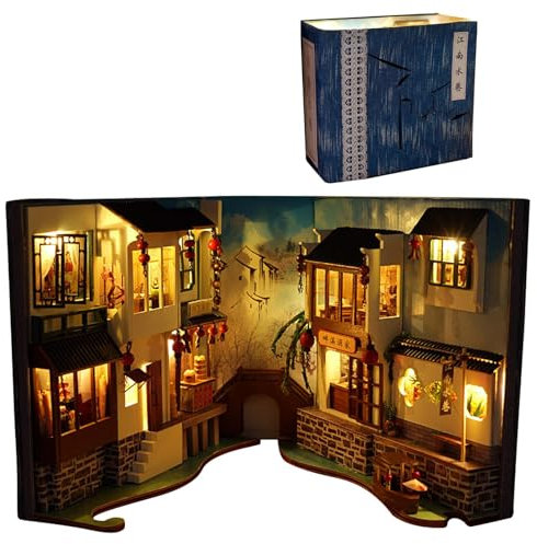 Book Nook Kit, Puzzle Kit De Maison De Poupées Miniatures en Bois avec Meubles & Lumière LED, Serre-Livres d'art Style Japon, Coin Bibliothèque, Cadeau Créatif Kit De Construction Modèle Adulte