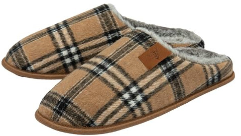 DUNLOP Mens Slippers Slip On Check Mules Faux Fur Lined Memory Foam Plush House Slippers Breathable Indoor Outdoor Shoes (Tan Check, UK Footwear Size System, Adult, Men, Numeric, Medium, 10)