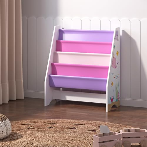 [en.casa] Scaffale per Cameretta con 4 Contenitori Morbidi a Scaletta - Mobile Porta Libri a Misura di Bimbi - Decorazione Oceano - Viola/Rosa