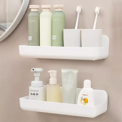ANRUI Mensola Doccia, 2 Pezzi Mensole Bagno Senza Foratura Portaoggetti per Doccia da Parete, Porta Bagnoschiuma Shampoo da Doccia, Organizzatore Bagno Senza Foratura in Plastica, Bianco-Cesto Lungo