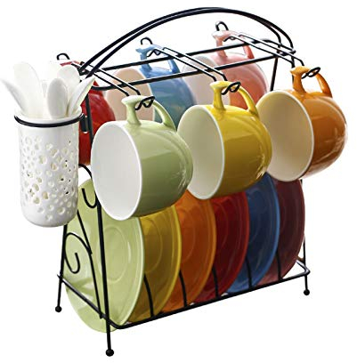 DSeenLeap Espresso Cups Rainbow Color Ceramic Coffee Tea Gift Set Brightly Colored Latte Cup, Tea Cup, Saucer and Teaspoon, With Stand Perfect for Latte Beverage Cappuccinos