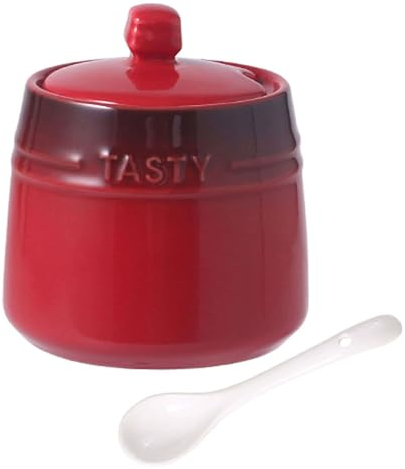 TYMYYS Azucarero Con Tapa Y Cuchara, Contenedor De Azúcar Con Cuchara, Azucareros Para Encimera, Cuenco De Sal De Cerámica Con Tapa-rojo-240ml/8.5oz, FBCC292222RC22I