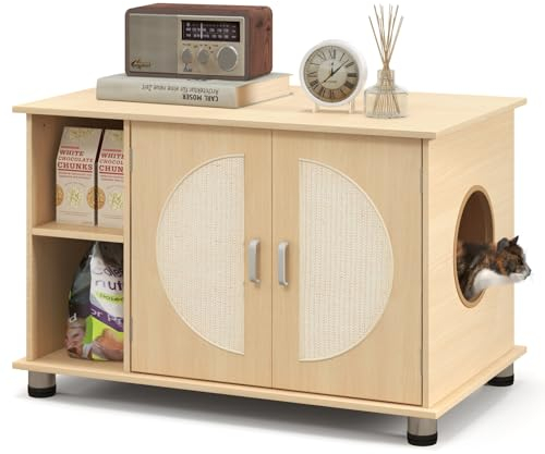 COSTWAY Cat Litter Box Enclosure, Wooden Cat Hidden Washroom with Sisal Scratching Doors, Adjustable Metal Feet, Indoor Cats House Cabinet End Table (with Storage Shelf)