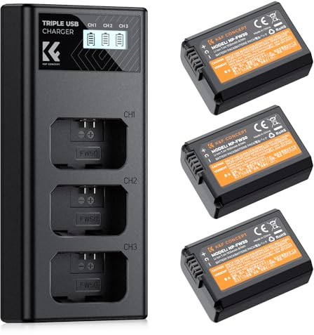 K&F CONCEPT Confezione da 3 batterie NP-FW50 da 1100 mAh e caricatore LCD a 3 alloggiamenti aggiornato compatibile con Sony ZV-E10,Alpha A6000 A6300 A6400 A6500 A5100 A7 A7II A7R A7S A7SII RX10