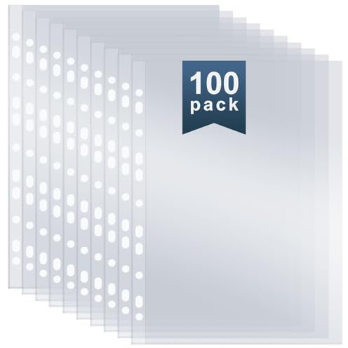100 Pack A4 Punched Pockets, Plastic Wallets Extra Strong Sleeves, Top Opening Pocket Sheet Protectors for Ring Binder File Folders